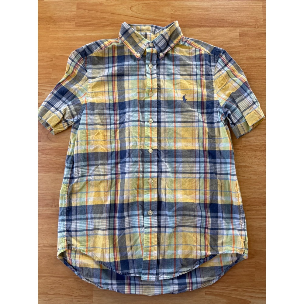 Ralph Lauren Boys Plaid Short Sleeve Button Down Shirt Yellow Blue Size M 10-12